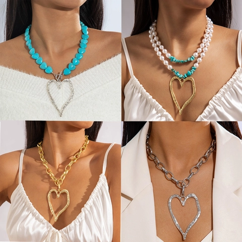 Vintage Bohemian Multi Layer Layered Necklace Artificial Pearl Turquoise Heart Alloy Pendant Necklace For Women Statement Jewelry