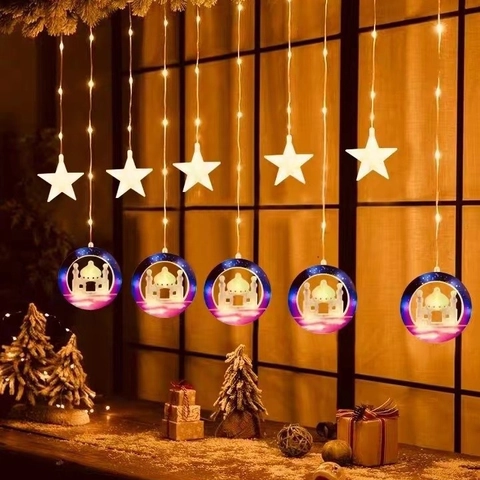 Tenda Luci LED Stella Luna Moschea Pendenti Ramadan Eid Natale Decorazione Interni Luci Stringa