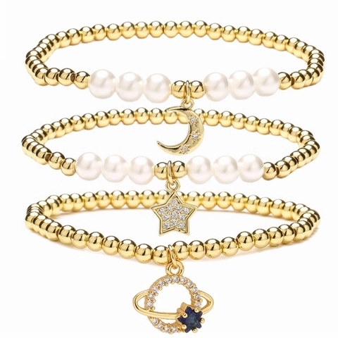 Bracciale Con Ciondoli A Perline Moda Rame Ottone Con Zircone Micro Pave Perla Artificial Sintetica Malocchio Croce Farfalla Luna Stella
