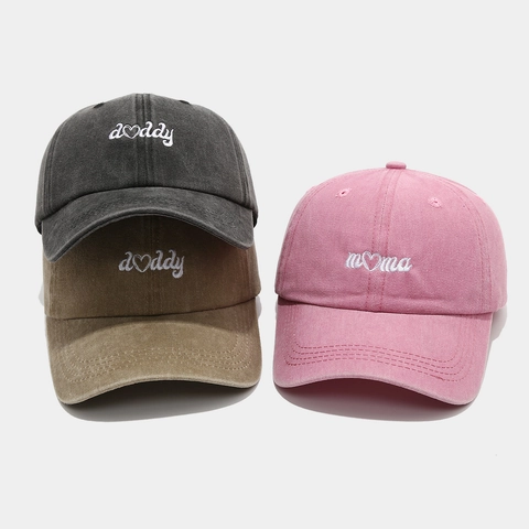 Berretto Da Baseball In Cotone Lavato Vintage Mama Daddy Ricamo Cuore Regolabile Protezione Solare Cappello
