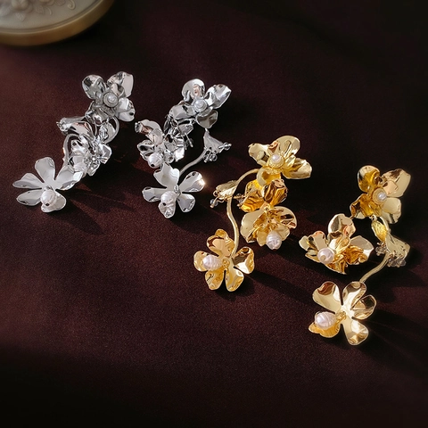 Alloy Flower Drop Earrings With 925 Sterling Silver Earring Post Imitation Artificial Pearl Dangle Fashion Jewelry For Women