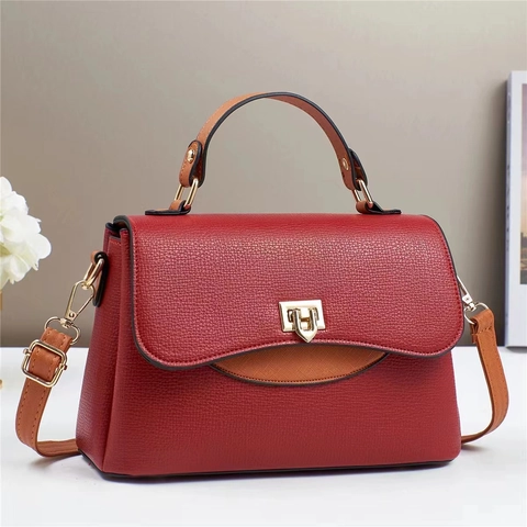 Women Crossbody Bag PU Leather Litchi Texture Contrast Color Shoulder Handbag With Metal Lock Square Flap Bag