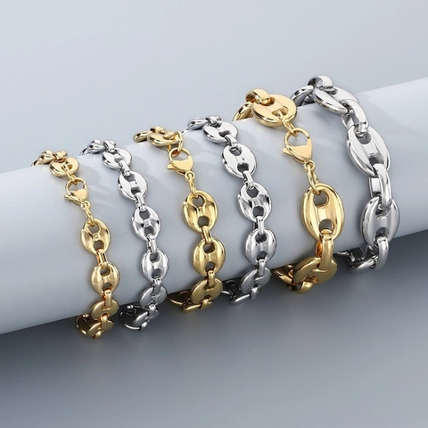 Men Stainless Steel Bracelet 18K Gold Plated Mariner Link Coffee Bean Chain Hip Hop Fashion Jewelry