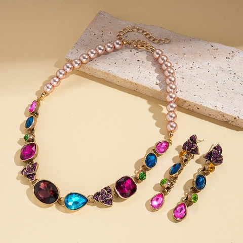 Retro Jewelry Necklace And Earrings Alloy Rhinestone Imitation Artificial Pearl Silver Earring Post Colorful Floral Design For Women