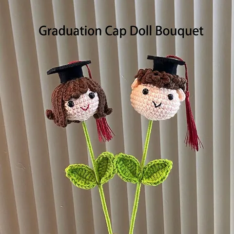 Hand Crocheted Graduation Doll Bouquet Yarn Woolen Doctor Hat Tassels Cute Boy Girl Shiba Inu Design Handmade Gift Decor
