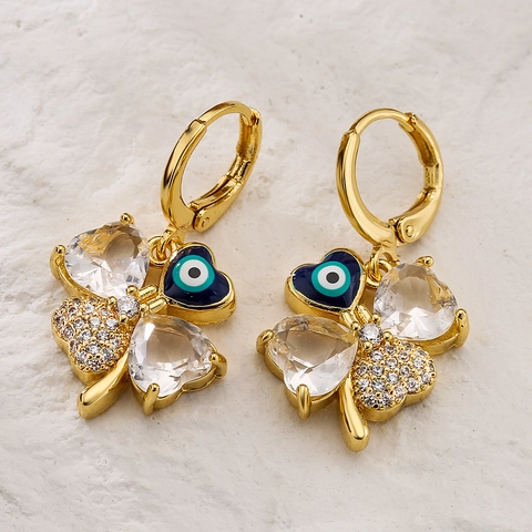 Four Leaf Clover Evil Eye Hoop Earrings Copper Gold Plated Heart Gemstone Zircon Crystal Enamel Lucky Jewelry For Women