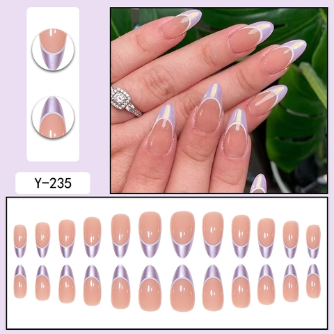 Unghie Finte Francesi Mandorla Press On Viola Metallico Aurora Künstliche Perlescente Rosa Nude Unghie Artificiali Stile Dolce Per Donne