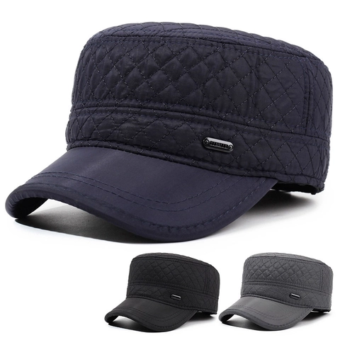 Men Quilted Cadet Hat Winter Warm Fleece Lined Ear Flaps Windproof Military Flat Top Cap Outdoor Adjustable Polyester