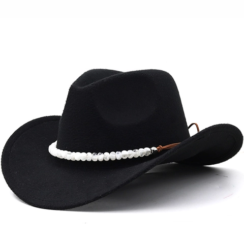 Chapeau De Cow-Boy Occidental Feutre De Laine Large Bord Fedora Avec Bande De Perles Décoratif Pour Voyage Équestre