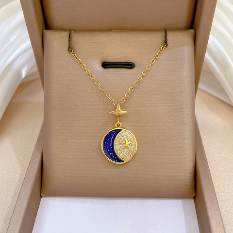 Collana Con Pendente Stella Luna Catena In Acciaio Inossidabile E Rame Zircone Smalto Blu Gioielli Di Lusso Per Donna