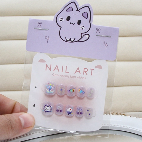 Cartoon Cat Cherry Press On Nails Cat Eye Glitter ABS Plastic False Nails For Kids Girls Sweet Purple