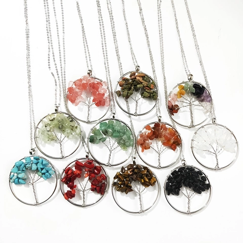 Tree Of Life Anhänger Halskette Natürlicher Kristallschotter Kupferdraht Handgewickelt Boho Heilung Reiki Energie