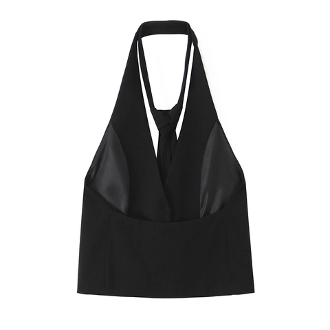 Schwarzes Halterneck Top Mit Krawatten Dekoration Polyester Ärmelloses Rückenfreies Sexy Streetwear Tank Für Damen