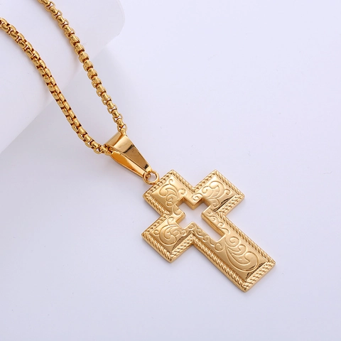 Gothic Cross Pendant Necklace 18K Gold Plated 316L Stainless Steel Embossed Scroll Hollow Vintage Jewelry For Men Women
