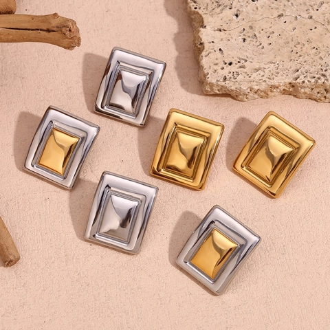 Orecchini a Bottone Rettangolari Geometrici in Acciaio Inossidabile Minimalista da Donna Placcati in Oro 18K Gioielli di Moda