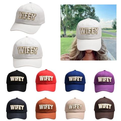 Cappello Da Baseball Con Patch In Ciniglia WIFEY Ricamo Paillettes Visiera Curva Regolabile Protezione Solare Outdoor Donna