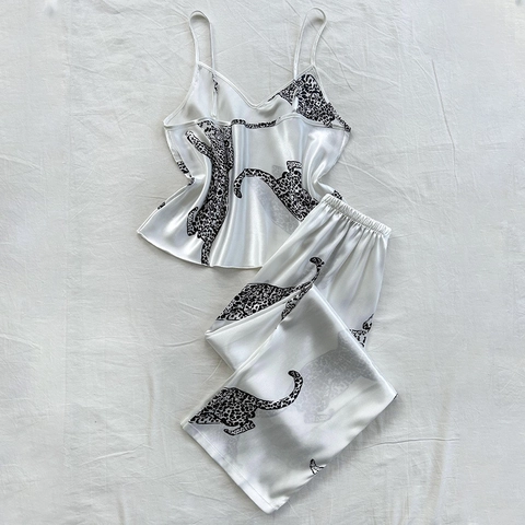 Women Leopard Print Pajama Set Imitation Satin Satin Camisole Top And Long Pants Sleeveless V Neck Sleepwear