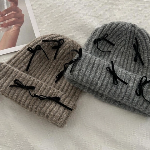 Beanie Muts Wol Gebreid Warm Winter Herfst Fluwelen Strikken Decoratie Zoete Stijl Voor Dames Meisjes