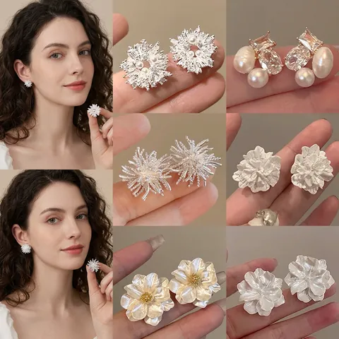 Flower Stud Earrings With Silver Earring Post Copper Artificial Pearl Zirconia Minimalist Elegant Fashion Accessories For Women