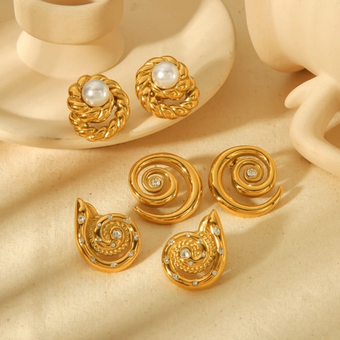 Stainless Steel 18K Gold Plated Geometric Spiral Hoop Stud Earrings With CZ Zirconia And Artificial Pearl Retro Vintage For Women