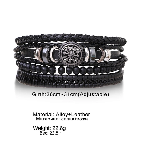 Men Multi-layer Bracelet Vintage Leather Braided Rope Alloy Charms Wooden Beads Adjustable Handmade Retro Punk Style Jewelry