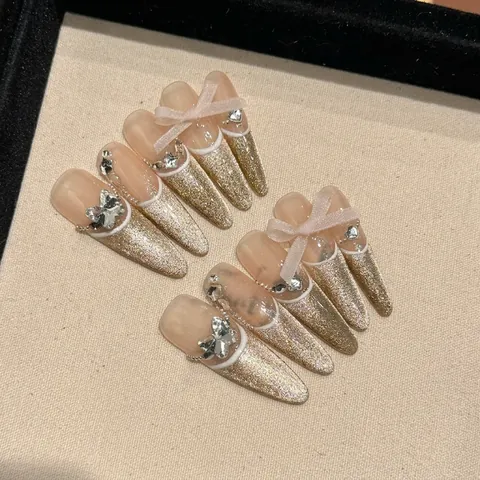 Long Stiletto Press On Nails Handmade Champagne Gold Cat Eye Glitter 3D Bow Rhinestone Butterfly French White Tip Luxury