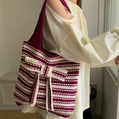 Gestreifte Gestrickte Tragetasche Gewebte Handtasche Mit Großer Schleife Große Kapazität Lässige Umhängetasche Damen