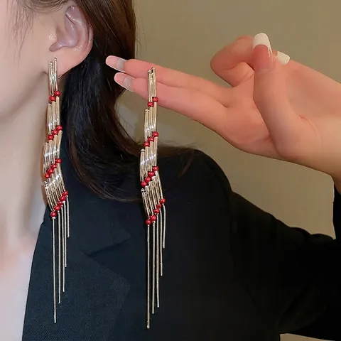 Orecchini Pendenti Lunghi Con Nappa Rettangolare Geometrica Perno In Argento Metallo Rame Perline Rosse Gioielli Per Donna