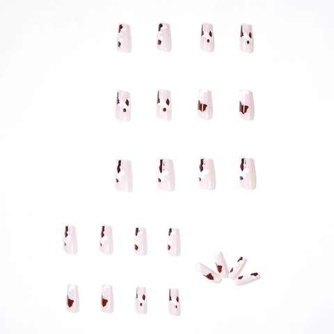 Cow Print Press On Nails Long Coffin Fake Nails Brown White Nude Pink Glossy Artificial Fingernails For Women