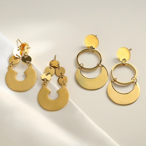 Pendientes Colgantes Geométricos Irregulares De Acero Inoxidable Color Oro Retro Forma De Media Luna Para Mujeres