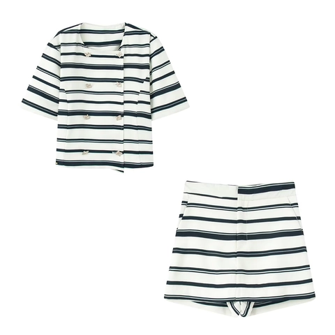 Dames Gestreepte Tweedelige Outfit Double Breasted Top Met Korte Mouwen En High Waist Shorts Elegante Zomer Casual Set
