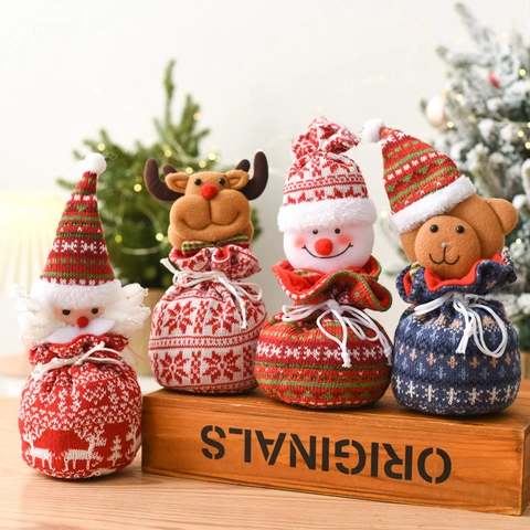 Sachets Cadeaux De Noël Tricotés Cordon Sacs À Bonbons Emballage De Pomme Festif Père Noël Renne Bonhomme De Neige Ours