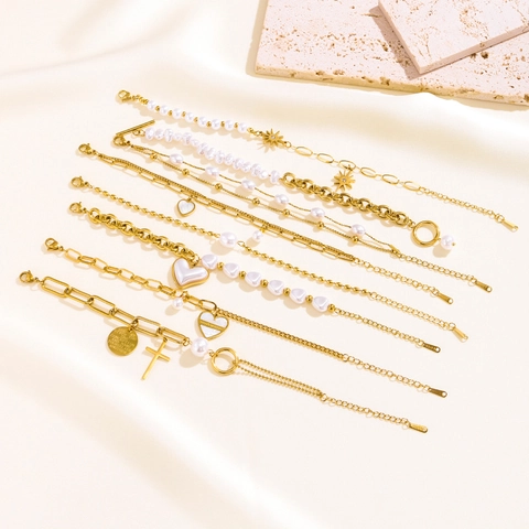 Artificial Baroque Pearl Bracelet For Women Gold Plated Stainless Steel Vintage French Romantic Style Heart Cross Star Charm