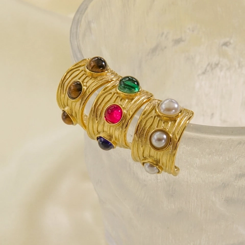 Orecchini a Cerchio Retro a Forma di C in Acciaio Inossidabile Placcato Oro Con Pietra Occhio di Tigre Naturale Perla Artificiale Strass Gioielli da Donna