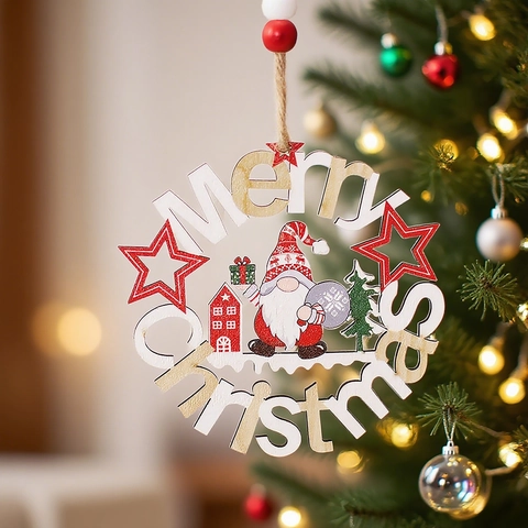 Ornamenti Natale Pendenti Tondi Legno Cavi Merry Christmas Gnomo Scritte Decorazione Da Appendere