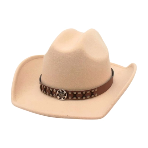 Western Cowboy Hat Polyester Felt Wide Brim With Studded Faux Leather Band And Bull Skull Decor Vintage Travel Accessory