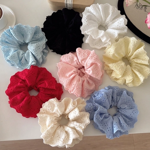 Lace Eyelet Embroidery Scrunchie Oversized Elastic Hair Tie With Long Ribbon Streamer For Women French Sweet Style