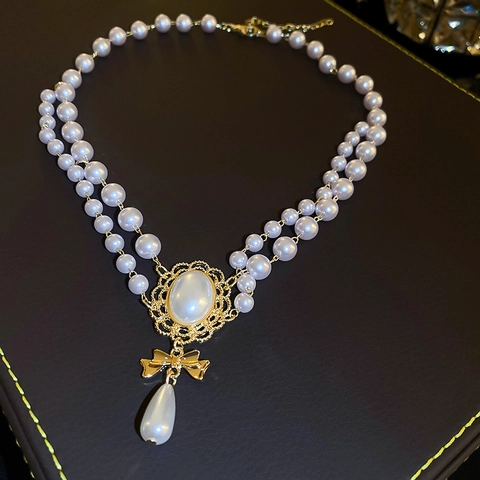 Double Layer Faux Artificial Pearl Necklace With Alloy Bow Teardrop Pendant Vintage French Style Elegant Clavicle Chain For Women
