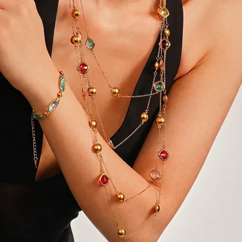 Collar Largo De Acero Inoxidable Cuentas De Vidrio Checo Facetadas Chapado En Oro Joyería Elegante Para Mujeres