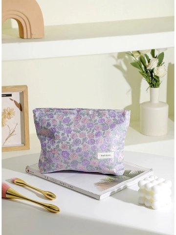 Vintage Rose Floral Jacquard Cosmetic Bag Portable Makeup Pouch Large Capacity Travel Toiletries Organizer Cotton Fabric Canvas Lining Women Fresh Style