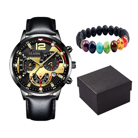 Men Business Casual Quartz Watch And Volcanic Stone Bracelet With Alloy Case And Faux Leather Strap Fashion Gift