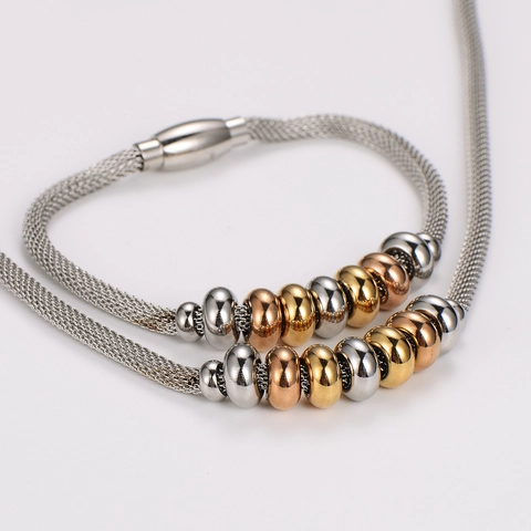 304 Stainless Steel Mesh Chain Necklace And Bracelet Jewelry With Tricolor Beads Magnetic Clasp Elegant For Women