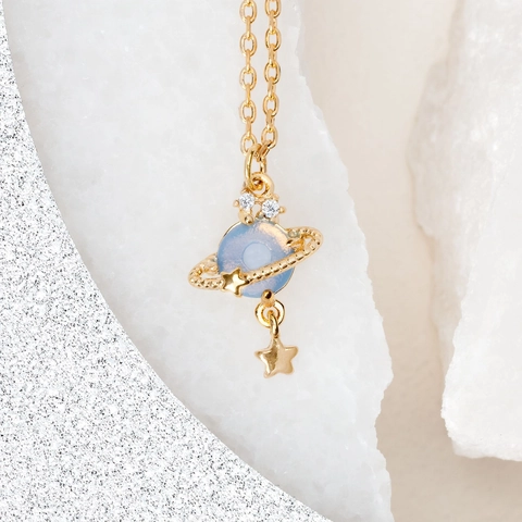 Planet Saturn Pendant Necklace Copper Zircon Synthetic Stone Star Charm Aesthetic Celestial Jewelry For Women Daily Gift