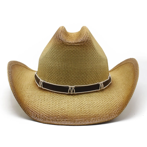 Cowboy Straw Hat Paper Braided Gradient Wide Brim Sun Protection Summer Beach Vacation Ethnic Style For Men Women