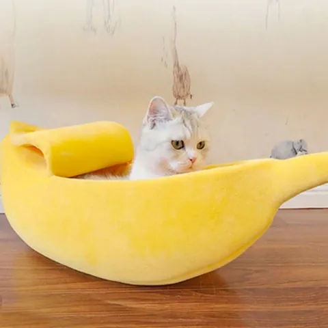 Bananenform Haustierbett Für Katzen Und Kleine Hunde Weiches Plüsch Warmes Halbgeschlossenes Winter Schlafhaus Nest