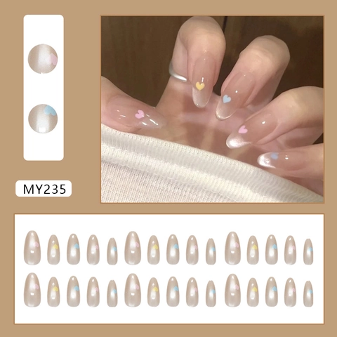 Amandelvormige Press On Nagels Cat Eye Glanzend Met Kleurrijk Hart Decor Zoete Stijl Kunstnagels Voor Dames