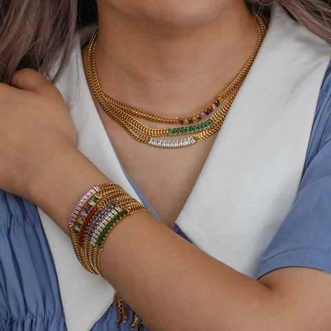 Retro Stainless Steel Zirconia Pendant Double Layer Cuban Chain Necklace Bracelet Set Fashion Geometric Jewelry For Women