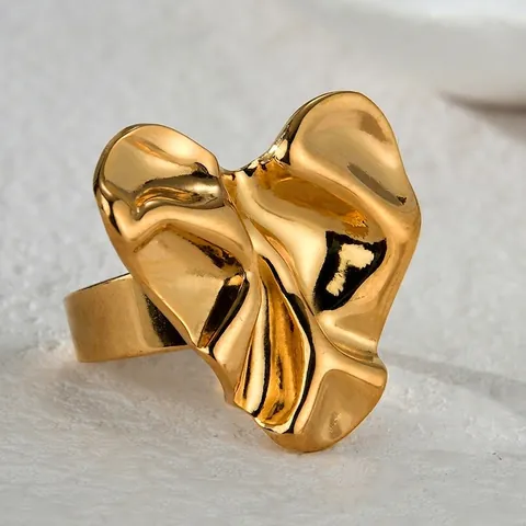 Herz Ring 18K Vergoldet Edelstahl Unregelmäßige Hammerschlag Textur Verstellbar Statement Ring Damen Vintage