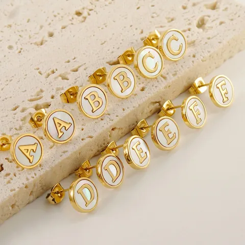 Round Initial Alphabet Stud Earrings 18K Gold Plated Stainless Steel With Natural Shell Inlay Minimalist Jewelry For Women