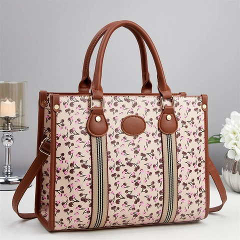 Damen Kirschdruck PU Leder Shopper Mode Große Kapazität Handtasche Urban Einfache Schulter Umhängetasche Mit Gestreiftem Gurt